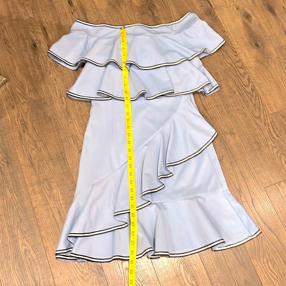 ANTHROPOLOGIE GRACIA Off Shoulder Ruffle Dress Light Blue Trimmed in B/W - Picture 11 of 12